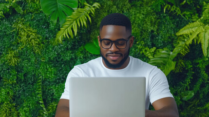 Focused young man working on laptop in lush green environment, showcasing modern workspace..