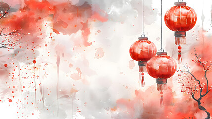 Red Lantern Chinese Frame white Background watercolor