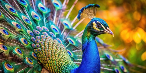 Wall Mural - Majestic peacock with vibrant spread wings in side profile, peacock, bird, spread wings, colorful, feathers, wildlife, profile