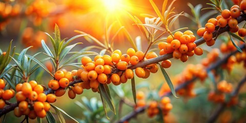 Close-up of vibrant sea buckthorn berries on branches in the forest at sunset, Sea buckthorn, berries, branches, close-up, forest