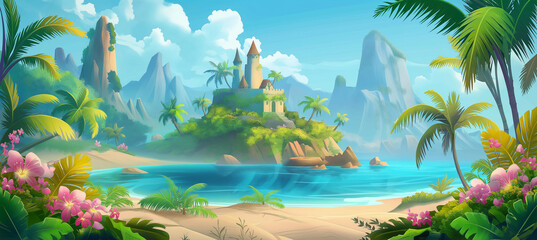 Wall Mural - The Cartoon tropical island with fantasy castle, game background, Illustration