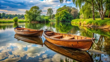 Two wooden boats docked on the riverbank , nature, water, river, wooden, boats, moored, tranquil, peaceful