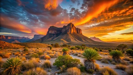 Vibrant sunset casts a warm glow on the rugged desert landscape of Guadalupe Mountains National Park, featuring iconic El Capitan peak in the background.