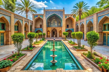 Vibrant turquoise tiles and elegant arches adorn the majestic Shazdeh Garden, a serene oasis nestled in the heart of Iran's desert landscape.