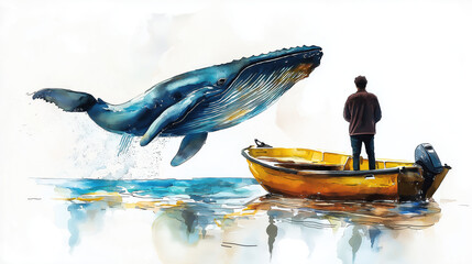 A breathtaking illustration of a whale breaching near a small boat, capturing the beauty of nature and marine life.