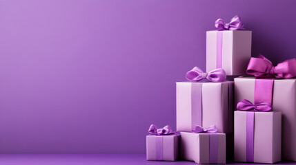 Wall Mural - Several purple gift boxes of varying sizes are beautifully arranged against vibrant purple background, creating festive and cheerful atmosphere