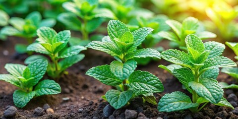 Fresh kitchen mint and marsh mint plants growing in a vegetable garden, kitchen mint, marsh mint, herbs, fresh, green, garden