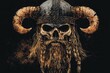 © Koborixgen - Detailed skull wearing a horned Viking helmet with braided hair.