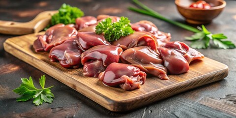 Close-up of fresh raw chicken livers on a cutting board, raw, chicken, livers, offal, poultry, fresh, meat