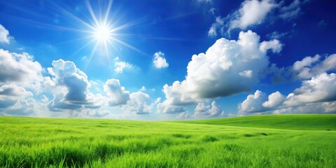 Sunny day in a green meadow with a blue sky and fluffy white clouds, Sunny, day, green meadow, blue sky, fluffy clouds