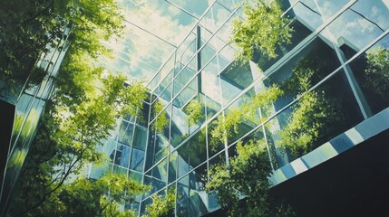 Oil painting depicting an eco friendly building featuring sustainable design elements green environments and CO2 reduction through greenery and safety glass in corporate architecture