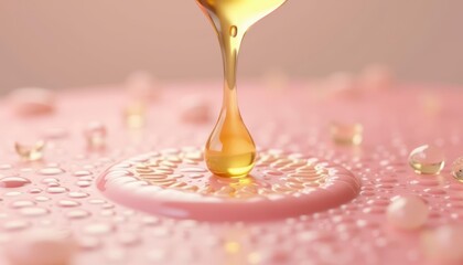 Wall Mural -  Golden droplet on pink surface closeup