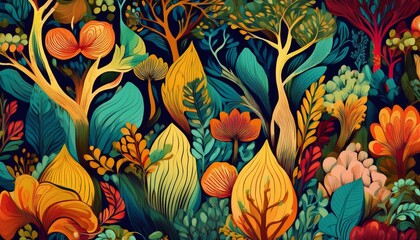 A vibrant, botanical illustration featuring colorful leaves and flowers in a rich, detailed composition. Perfect for nature-inspired, decorative, and artistic designs.