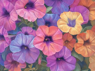 Wall Mural - Close up oil painting of Petunia Duo Double featuring vibrant blooms in a garden setting