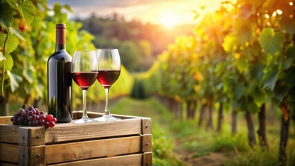 Two glasses of red wine and a bottle placed on a wooden crate in a beautiful vineyard setting, red wine, glasses