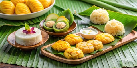 Assorted Thai desserts including mango sticky rice, coconut pancakes, and palm cakes , Thai, desserts, sweets, Thailand