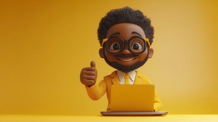 illustration african cartoon character businessman han shows thumb up like gesture sticking out the laptop screen successful internet business clip art isolate on yellow background