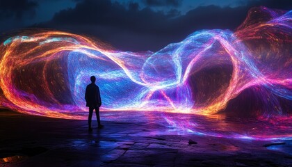 Light painting technique involving long exposure photography capturing the motion of a light source to create unique artistic images