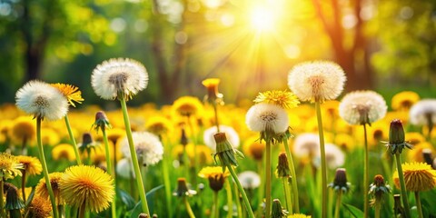 Wall Mural - Lush dandelions brightening up the garden on a sunny summer day, dandelions, garden, nature, bright colors, good mood