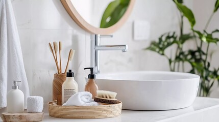 Bathroom styling and organization. Organic lifestyle and skin care products. Modern minimal design of refillable bathroom, nice reusable accessories