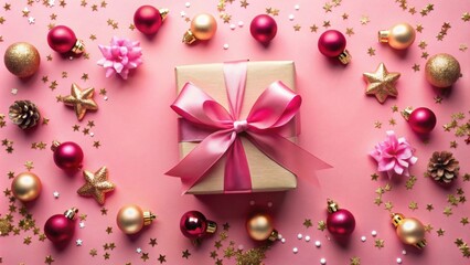 Wall Mural - Top view of a Christmas gift with a bow on a pink background surrounded by scattered Christmas toys, Christmas, gift, bow