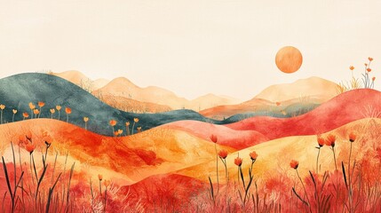 Wall Mural - Watercolor Sunset Landscape with Mountains and Flowers