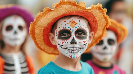 Wall Mural - Children in traditional skeleton costumes participating in a Day of the Dead parade, vibrant and joyful atmosphere, [family celebration], [spiritual joy]