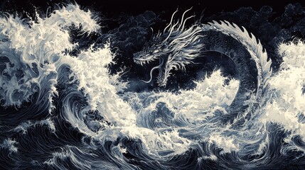 Wall Mural - Dragon in Waves Abstract Art  Monochrome Watercolor Painting  Mystical Creature