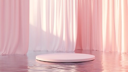 Wall Mural - A minimalist pink platform stage in a rippling water setting with a backdrop of flowing pink curtains, creating an ethereal and modern aesthetic.