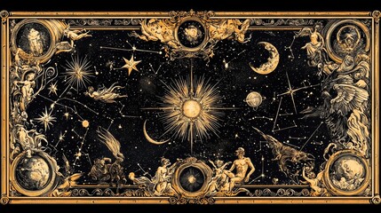 Celestial Art  Gold Ornate Frame with Constellations and Zodiac Signs