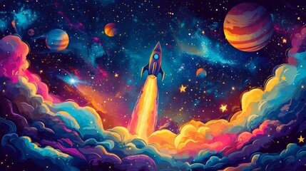 Wall Mural - Rocket Launch in Colorful Space with Planets and Stars