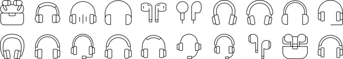 Wall Mural - Pack of Line Icons of Headphones and Earphones. Editable Stroke. Minimalistic Linear Pictogram for Design of Cards, Apps, Banners, Posts