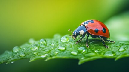 Wall Mural - ladybug on leaf macro photo