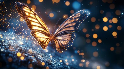 Sticker - Golden Butterfly with Sparkling Wings in Blue Bokeh