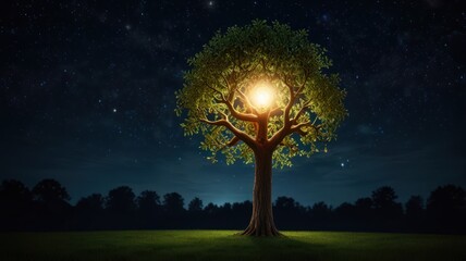 Wall Mural - realistic illustration of glowing tree in the night