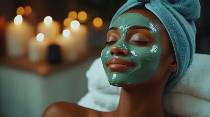 A woman with a green facial mask on her face lies with her eyes closed, a white towel covering her ears, and a blue towel wrapped around her hair.