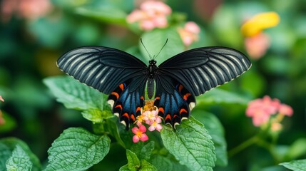 Close-up of a butterfly on a flower. a large butterfly sitting on green leaves, a beautiful insect in its natural habitat.