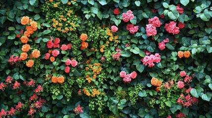 Wall Mural - Blooming Orange and Pink Roses with Green Leaves