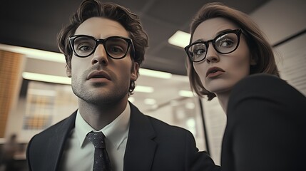 Wall Mural - Eccentric and quirky employees - low angle shot - at their desks - frustrated - aggravated - retro style office - vintage decor - ultr cool 