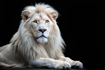 White lion isolated on black background in a tilted angle