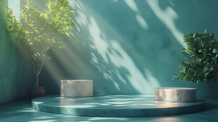 Wall Mural - abstract green backgroun with leaves shadow an bright sunlight minimal showcase scene with cubic stone pedestals for organic cosmetic product presentation