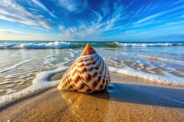 Wide-angle conical seashell on wet sand by ocean shore