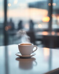 A detailed close-up of a steaming cup of coffee on an airport cafe table, with a blurred background showing travelers and airport activity, capturing a moment of calm amidst the hustle