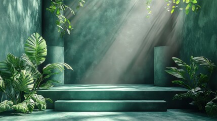 Wall Mural - abstract minimal green backgroun empty stage with steps an cylinder podium leaf shadows an bright sunlight going through triangular slot minimal showcase scene for product displaying