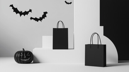 Wall Mural - monochrome halloween background with jack o lantern pumpkin bats black shopping bags marketing advertising sale backdrop