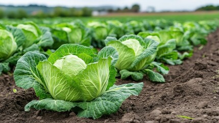 A row of green cabbage heads (Brassica oleracea) in the field, ready for harvesting