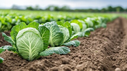 A row of green cabbage heads (Brassica oleracea) in the field, ready for harvesting