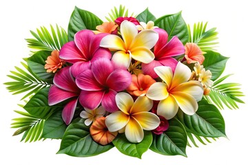 Wide-Angle Tropical summer bouquet with frangipani flowers and hibiscus flower isolated on transparent background Hawaiian style floral arrangement