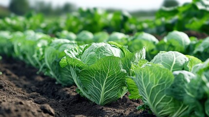 A row of green cabbage heads (Brassica oleracea) in the field, ready for harvesting