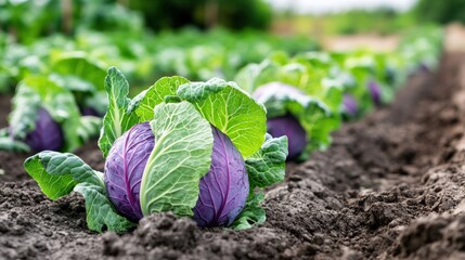 A row of purple cabbage heads (Brassica oleracea) in the field, ready for harvesting